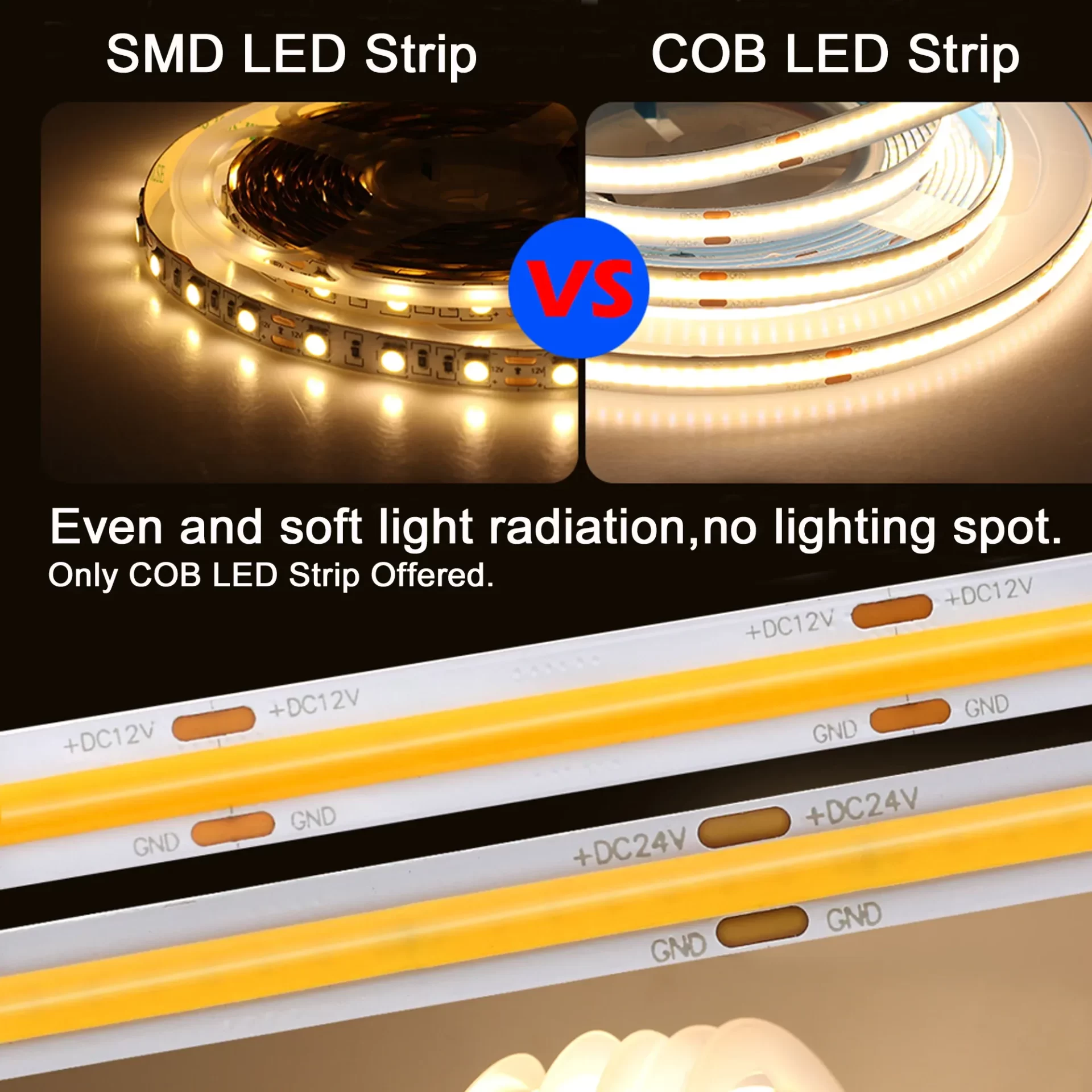 Detalj COB i SMD LED trake – kontinuirana linija u odnosu na vidljive diode